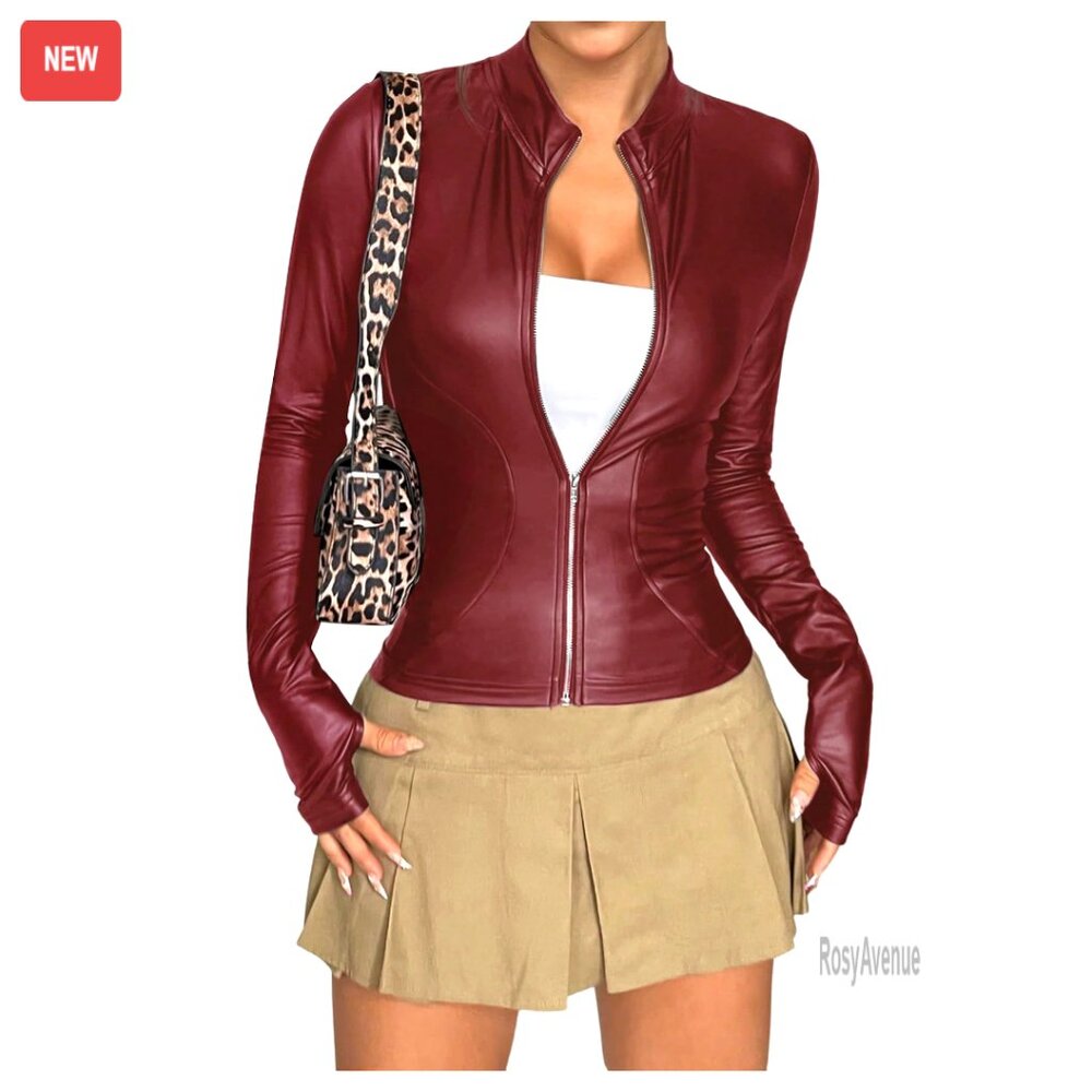 Faux Leather Jacket Fleece Lined Zip Up Winter Coat Women's Outerwear